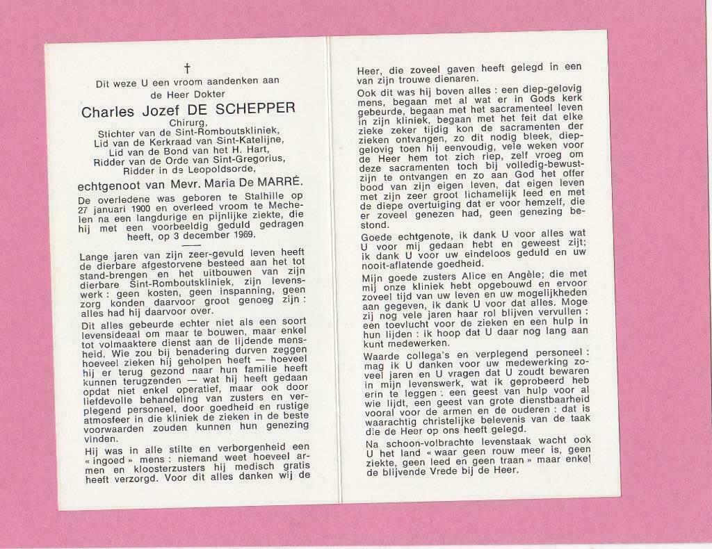 DP Stichter Sint-Romboutskliniek te Mechelen, Verzenden, Bidprentje