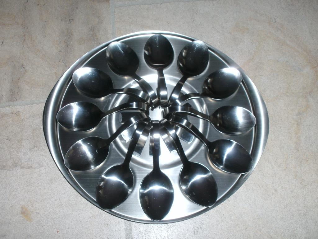 12 amuselepels en plateau, Ophalen of Verzenden, Zo goed als nieuw, Inox of Chroom