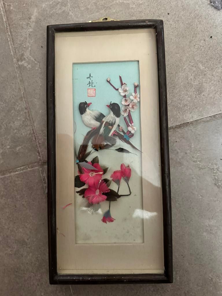 Art asiatique vintage fabriqué de vrais plumes, Enlèvement