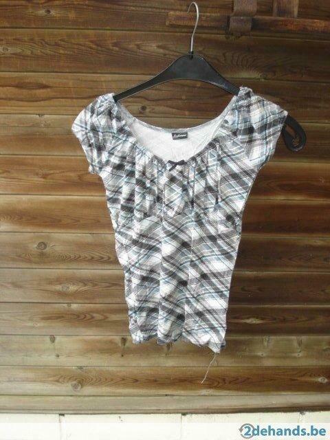 leuk geruit t-shirt wit/zwart/blauw - Madonna - maat XS, Ophalen of Verzenden, Gedragen, Maat 34 (XS) of kleiner