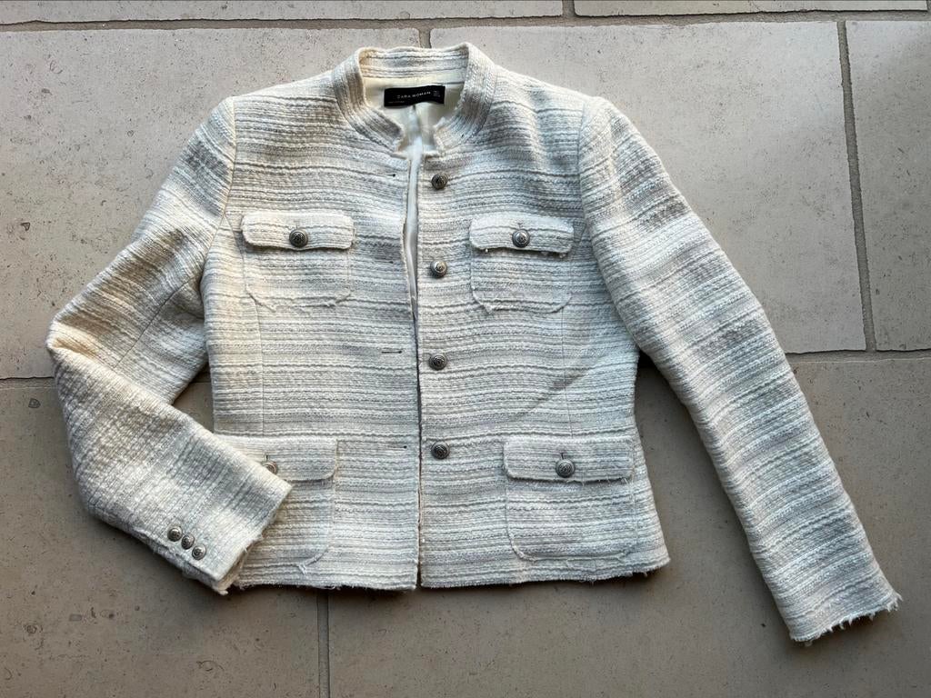 Ecru kort dames tweed jasje "Zara", maat: 42, Maat 42/44 (L), Zo goed als nieuw, Jasje, Wit