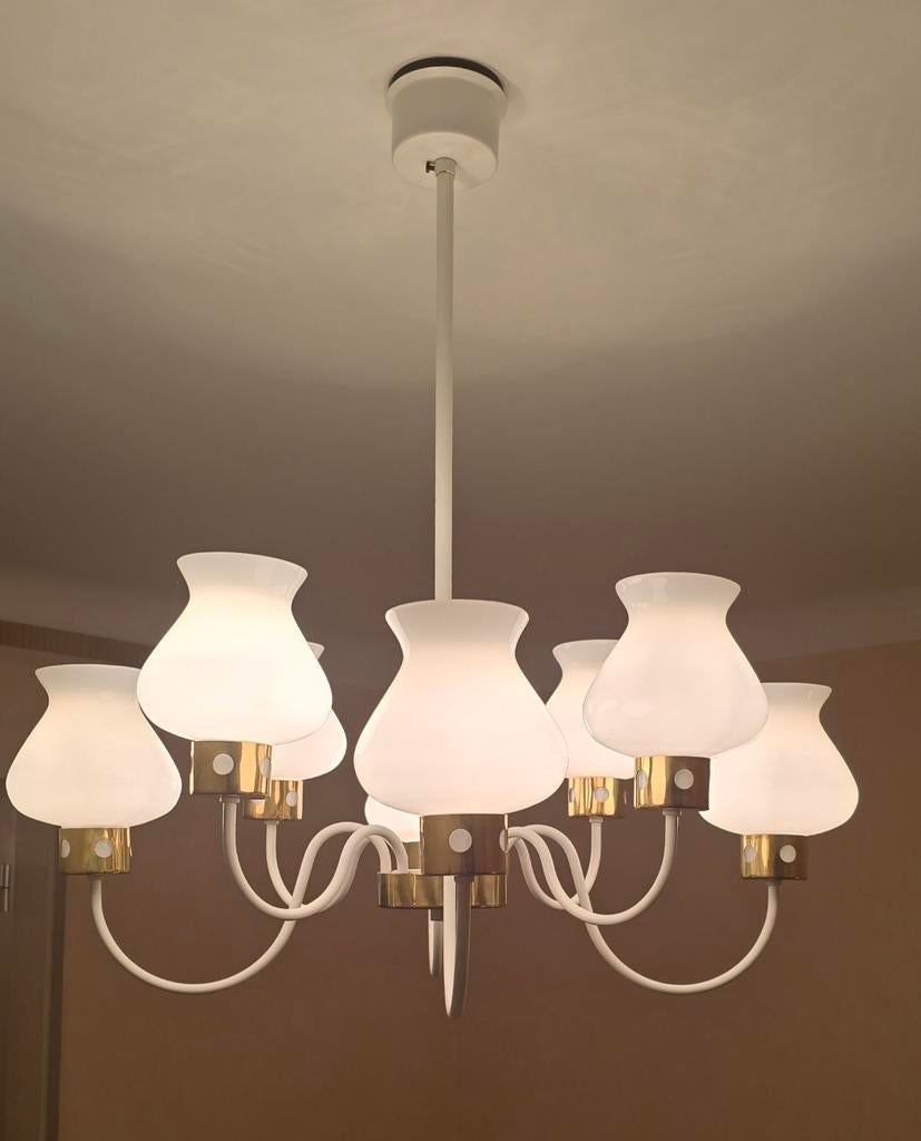 Klassieke 6-armige kroonluchter in wit glas, Huis en Inrichting, Lampen | Kroonluchters, Glas
