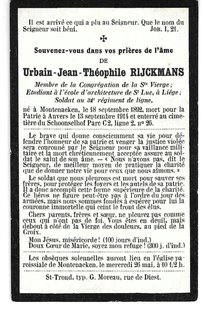 RP Urbain Rijckmans  soldaat 24e Linie Anvers 13/9/1914, Verzamelen, Bidprentjes en Rouwkaarten, Ophalen of Verzenden