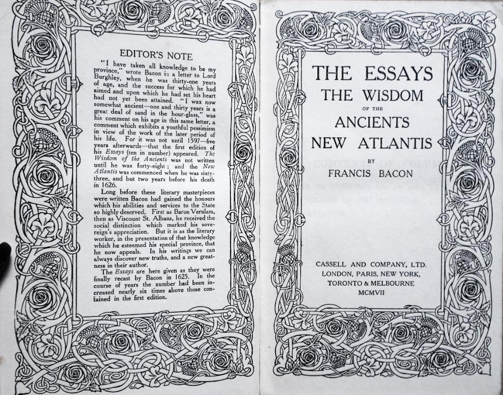 Fr. Bacon - Essays-Wisdom of the Ancients-New Atlantis -1907, Livres, Enlèvement ou Envoi, Francis Bacon (1561-1626), Utilisé