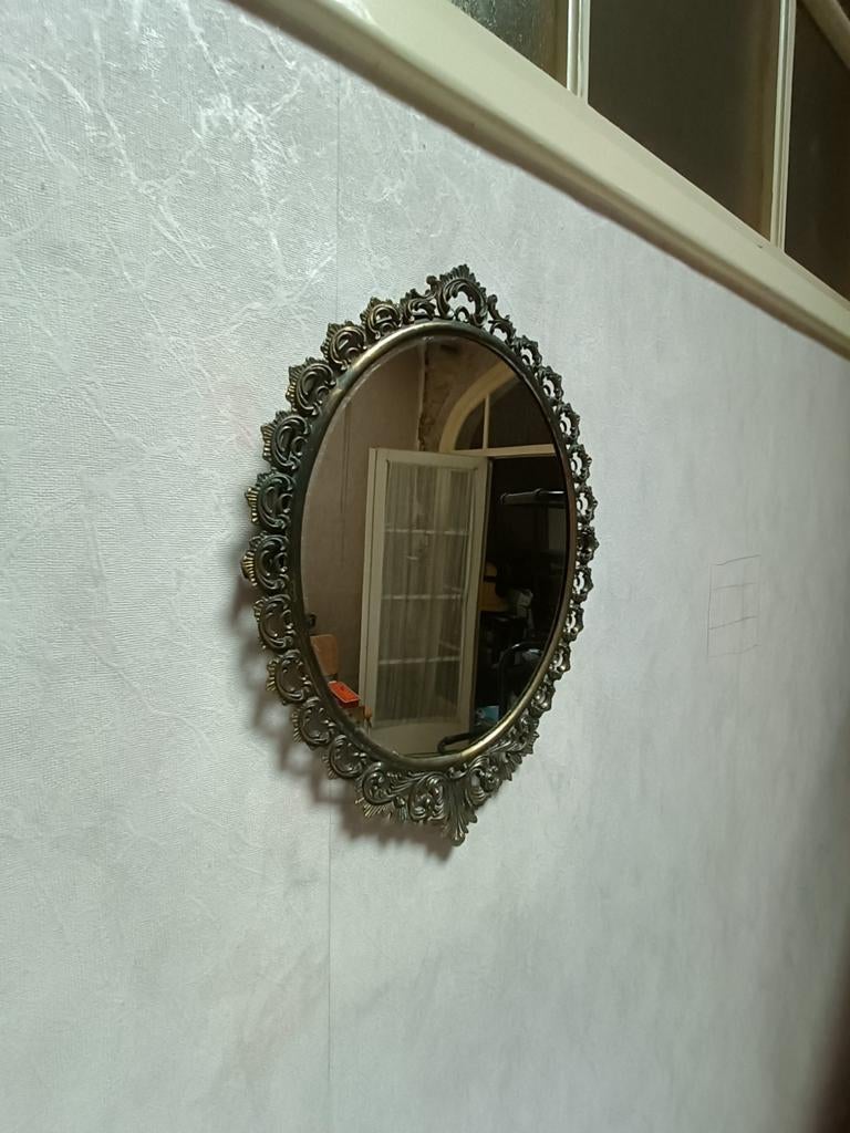 Vintage messing ovale muurspiegel, Huis en Inrichting, Ophalen of Verzenden, Gebruikt