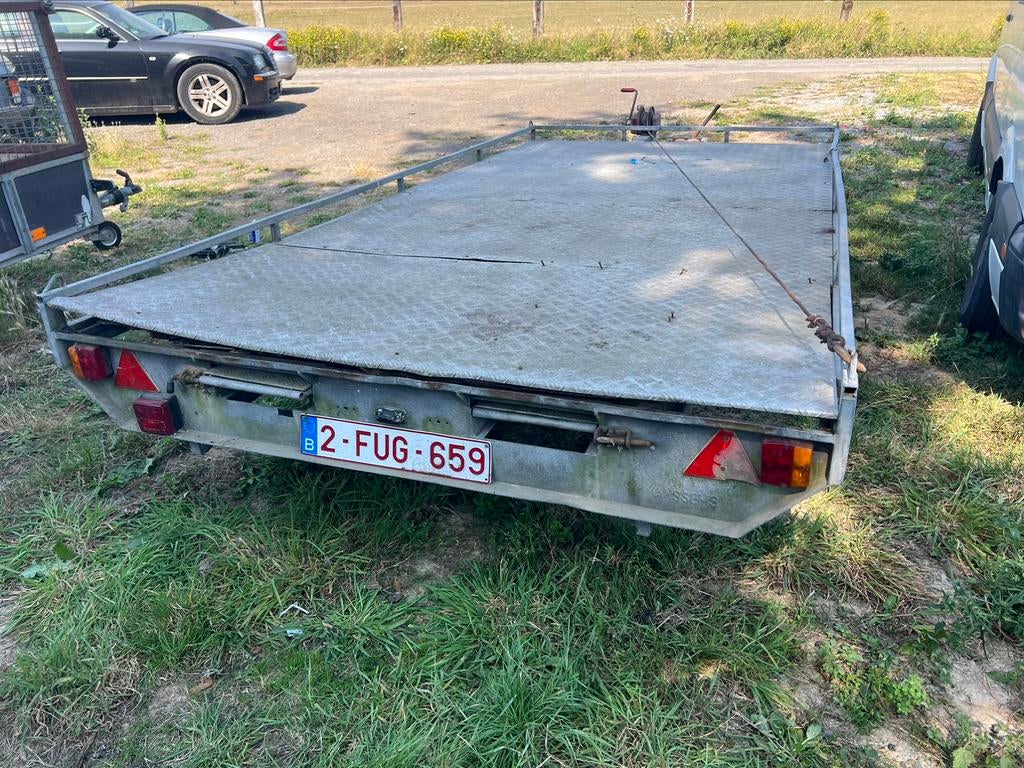 Oprijwagen machine aanhangwagen platte kipper met rampen, Ophalen of Verzenden, Zo goed als nieuw