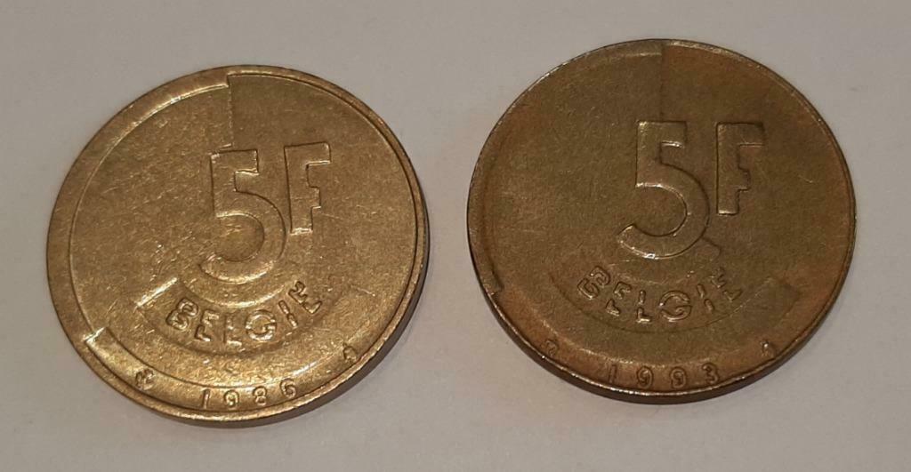 2 stuks van 5 frank " België " 1986 en 1993 Boudewijn VG, Ophalen of Verzenden, Metaal