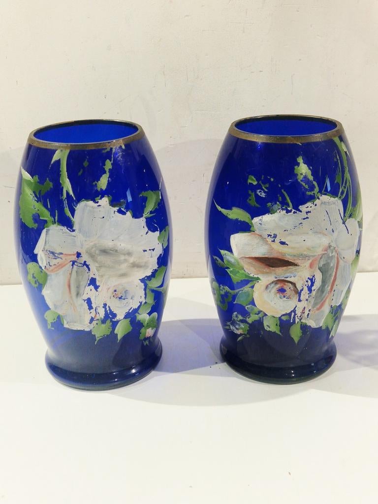 2 kobaltblauw geschilderde bloem vazen antiek , kobalt blauw, Maison & Meubles, Accessoires pour la Maison | Vases, Utilisé, Bleu