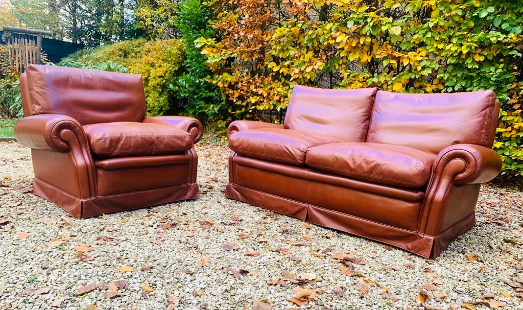 Salon cognac echt leder Bank & Fauteuil zeer goede staat, Ophalen