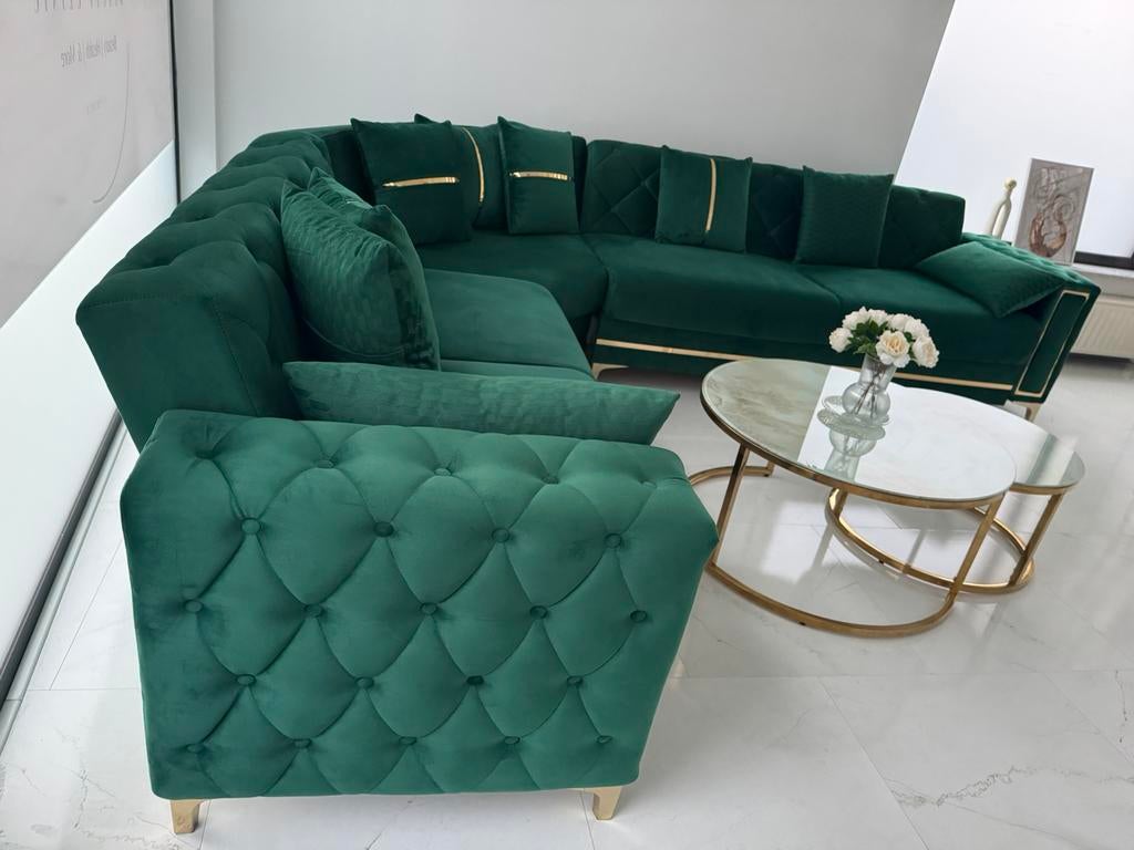 Luxe emerald groene hoekbank met opbergruimte – 1 jaar oud, Ophalen, Zo goed als nieuw, Stof