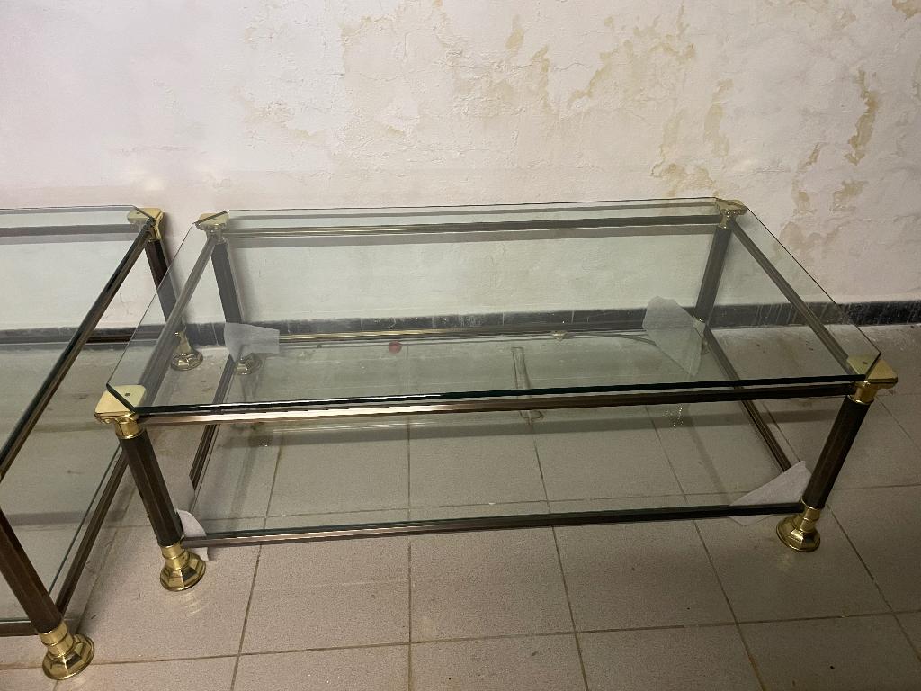 Salontafels in glas met bronzen poten + 3 bijzettafels, Huis en Inrichting, Ophalen, 100 tot 150 cm, Rustiek, 50 tot 100 cm