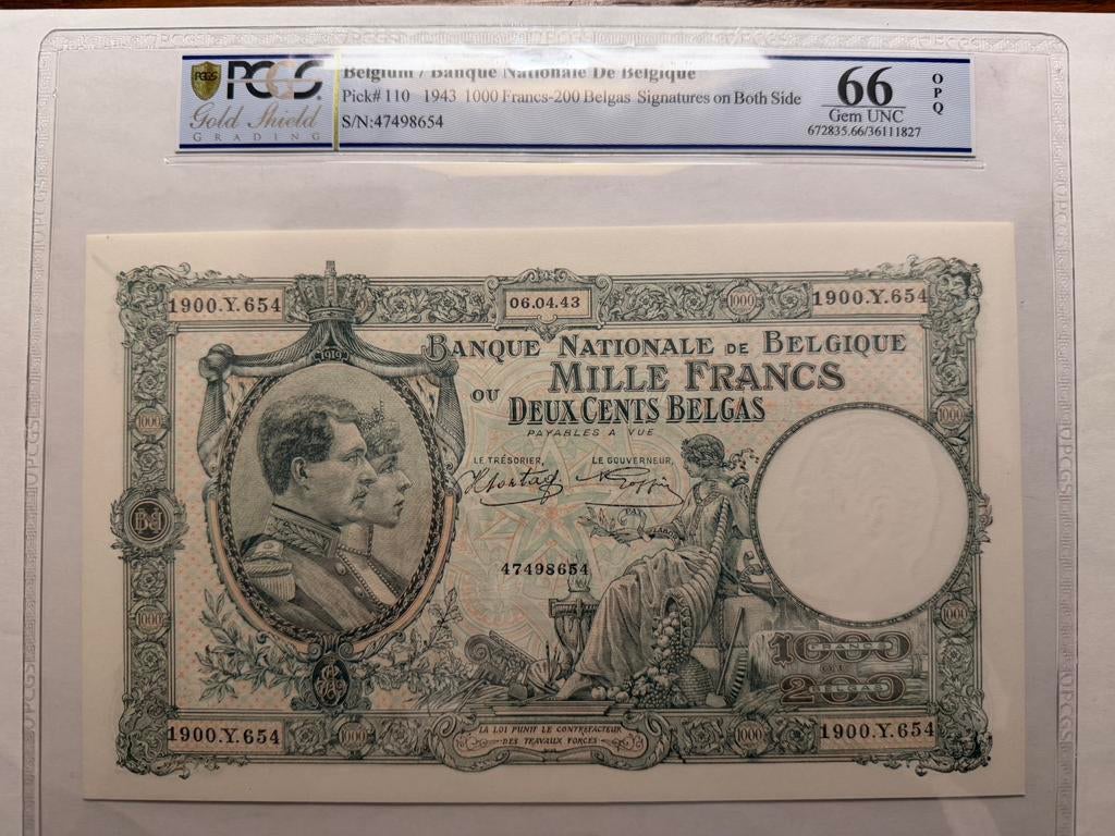 1000 frank 200 belgas 1943 pmg 66, Ophalen of Verzenden, Setje