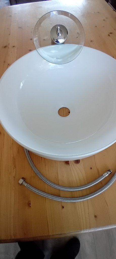 Lavabo avec robinet cascade en verre et sortie de pression, Bricolage & Construction, Sanitaire, Envoi, Neuf, Chrome, Robinet
