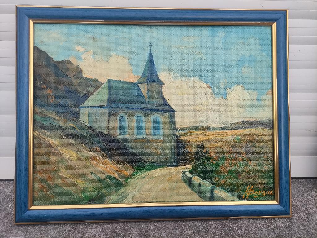 Huile sur panneau église signe Hubert borguet, Antiquités & Art, Enlèvement ou Envoi