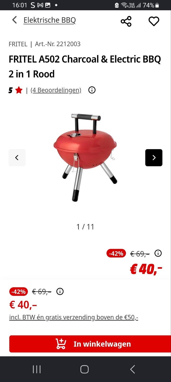 Fritel bbq elektrisch en houtskool, Ophalen