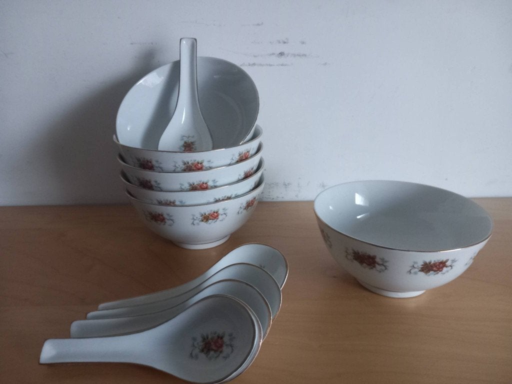 Lot de 6 bols à soupe avec cuillères – Style asiatique, Maison & Meubles, Enlèvement, Utilisé