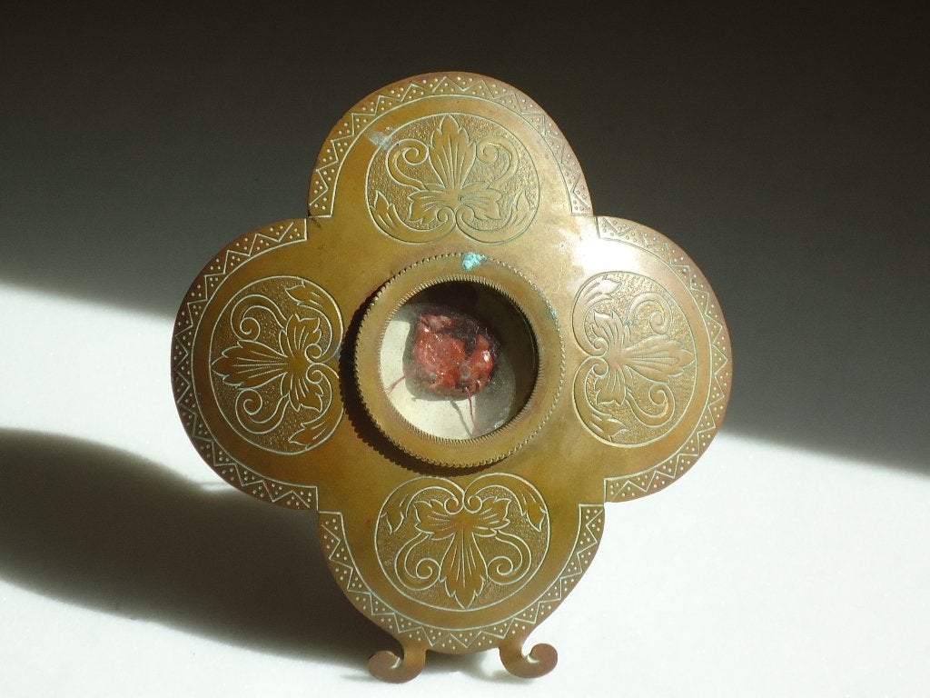18/19 E. koperen reliekhouder monstrans vierpas theca reliek, Antiek en Kunst, Ophalen of Verzenden