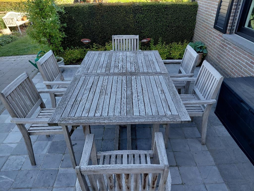 tuintafel + 6 stoelen in teak, Tuin en Terras, Ophalen, Gebruikt, Rechthoekig, Teakhout