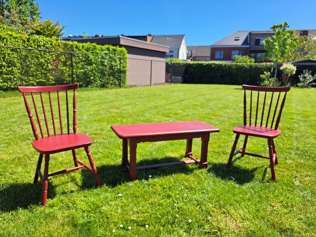 Unieke bordeauxrode houten set (Duffel) – 4 zitplaatsen, Ophalen of Verzenden, Zo goed als nieuw, Vier, Rood
