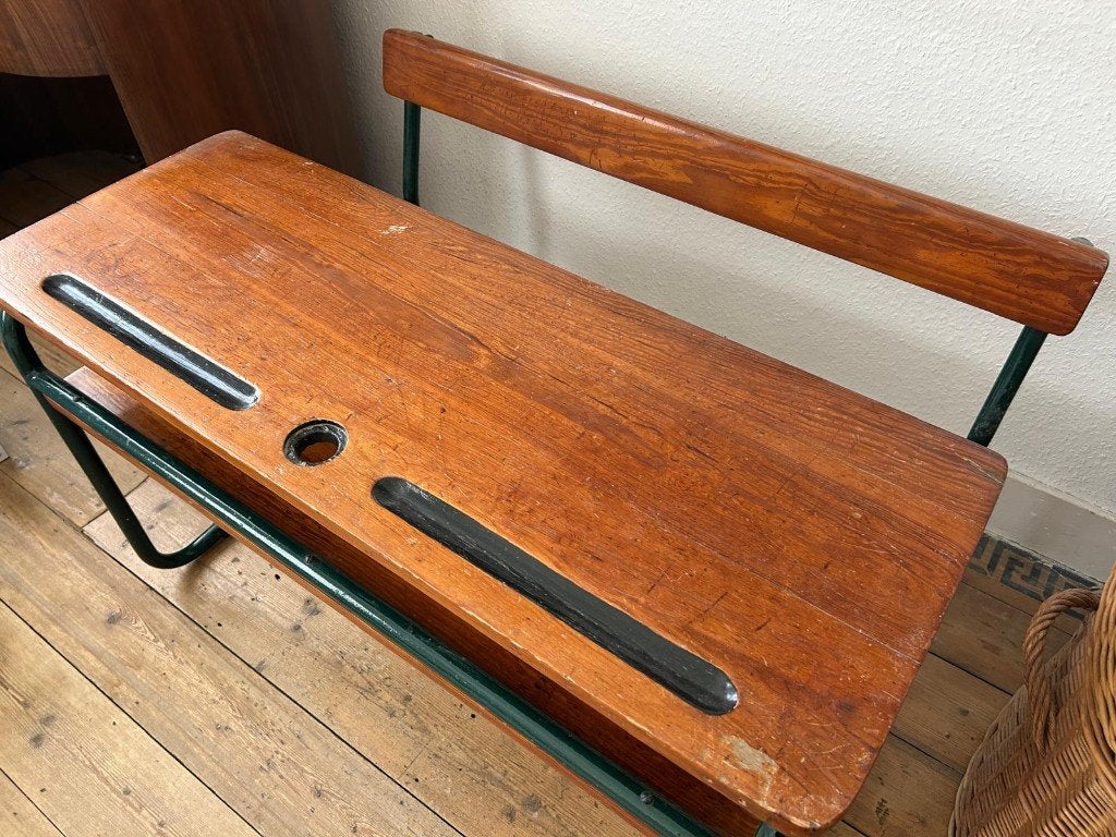Retro schoolbankje, Huis en Inrichting, Ophalen, Gebruikt, Hout, Schoolbureau
