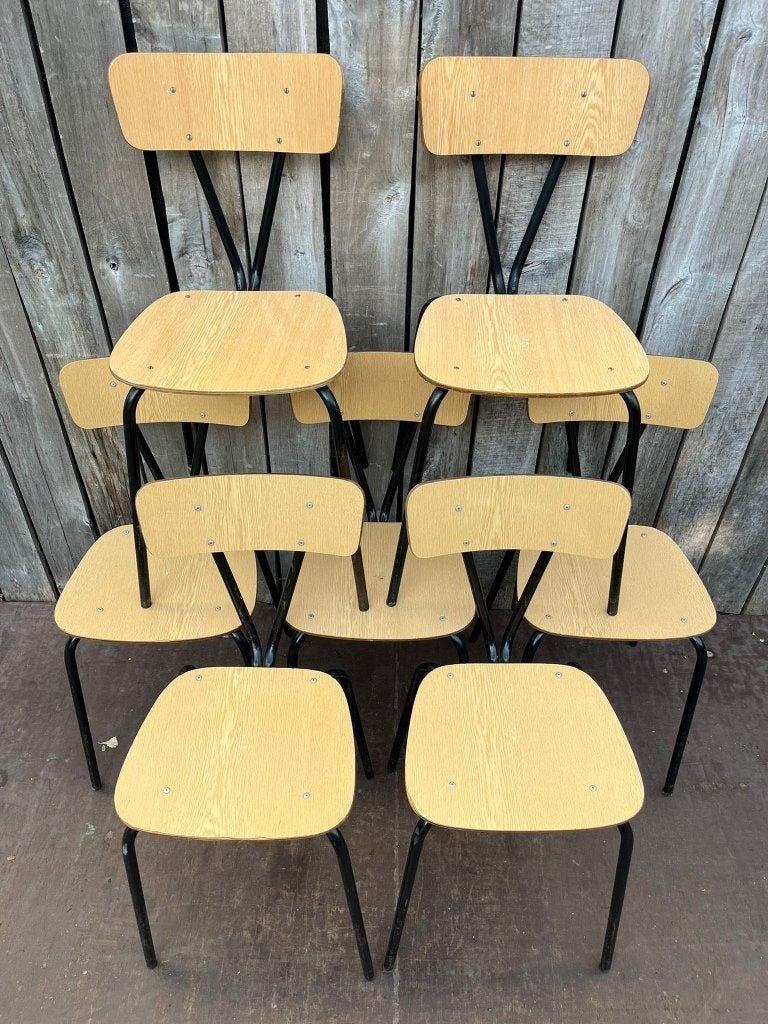 Obumex vintage formica stoelen (40 op voorraad), Maison & Meubles, Chaises, Utilisé, Cinq, Six Chaises ou plus, Bois, Métal, Autres matériaux