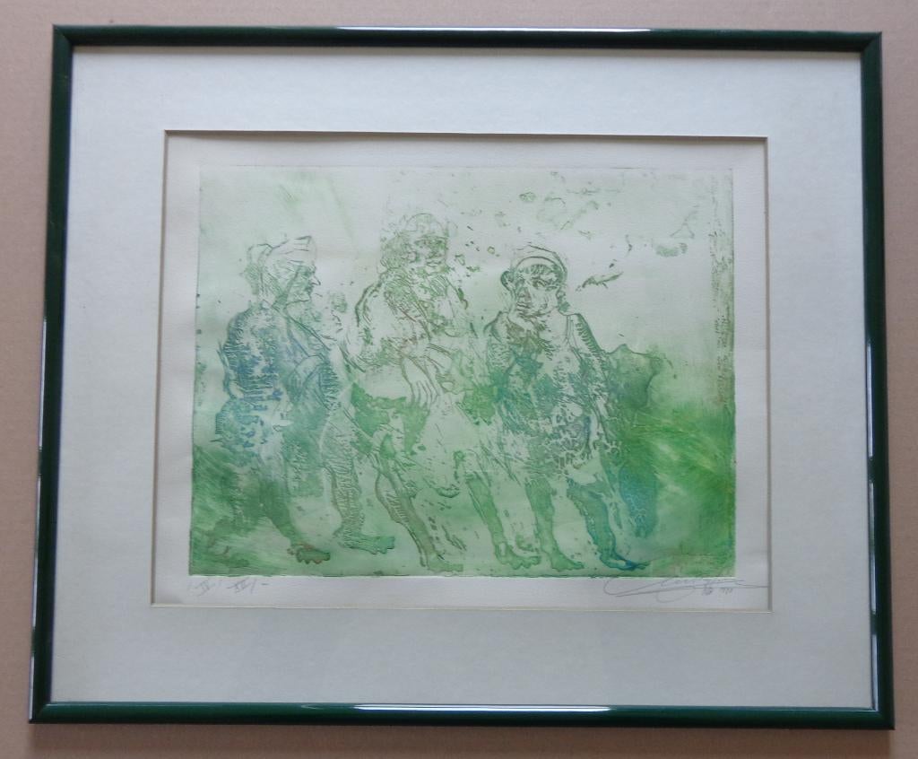 ROGER VAN BELLEGHEM / DRIE FIGUREN / KLEURETS 45x54cm KADER, Ophalen of Verzenden, Gesigneerd