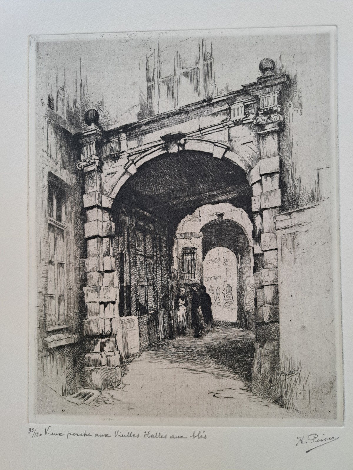 PEISER Kurt "Vieux porche aux Vieilles Halles aux blés" ets, Antiek en Kunst, Ophalen of Verzenden, Ets, Genummerd