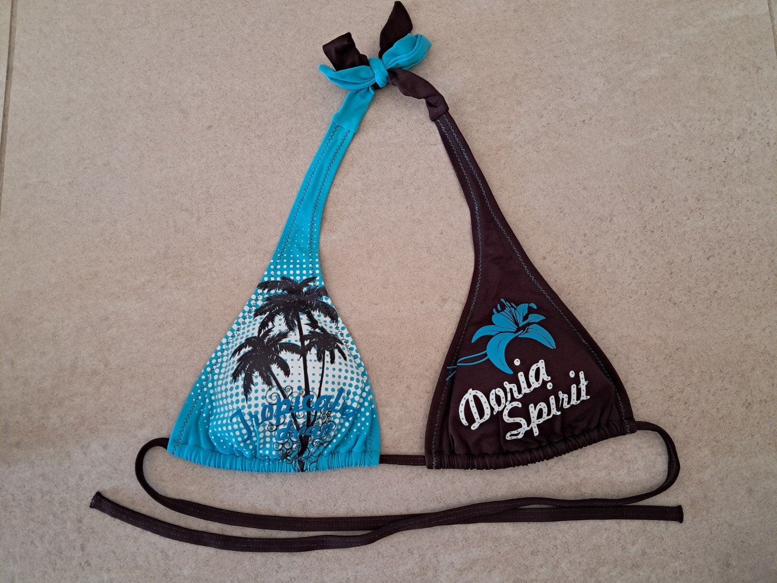 Bruine en blauwe tropische bikinitop maat S, Ophalen of Verzenden, Gedragen, Blauw, Bikini