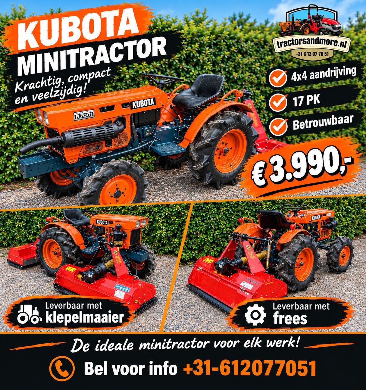 Kubota B7001 minitractor|Klepelmaaier|Frees|4x4|17PK|GeenBTW, Enlèvement