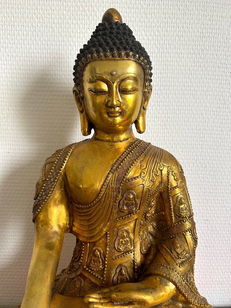 Rare Grand Bouddha Bronze Doré Signé du Tibet, Antiquités & Art, Art | Art non-occidental, Tibet, Enlèvement ou Envoi, Bronze