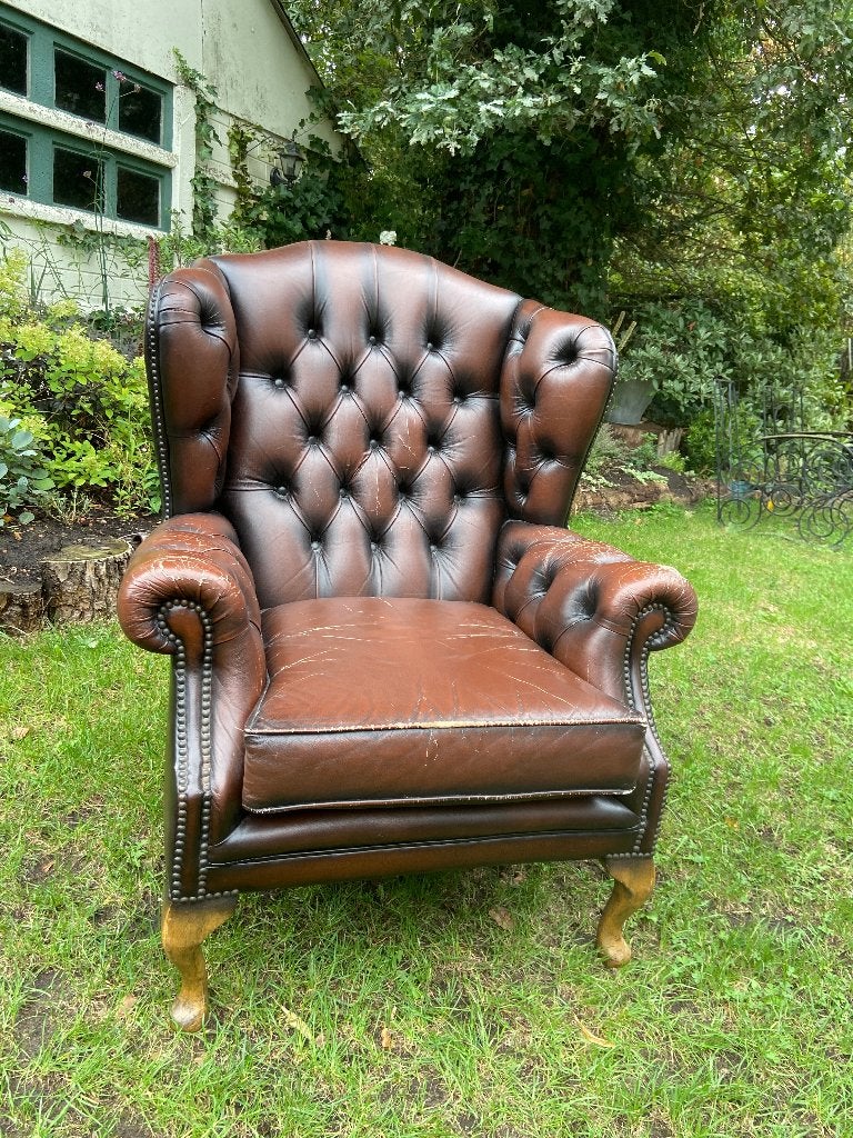 Unieke Chesterfield-stijl fauteuil – klassiek, Engels, Huis en Inrichting, Fauteuils, Ophalen, Gebruikt, Leer