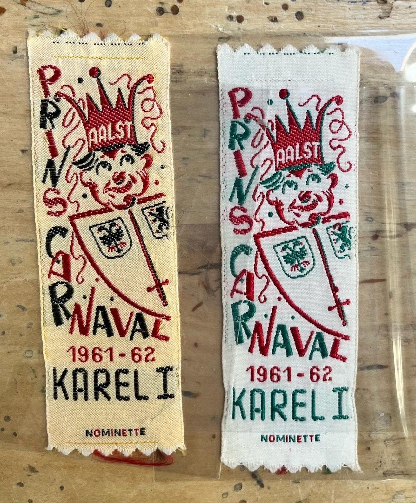 Zeldzaam geweven Nominette Prins Carnaval Aalst 1961-62, Verzamelen, Ophalen of Verzenden, Overige typen