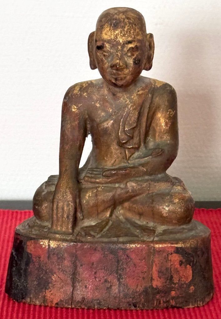 Birmese houten Boeddha, einde 18e eeuw, Antiek en Kunst, Goud, Ophalen of Verzenden, 18 cm, Geschilderd