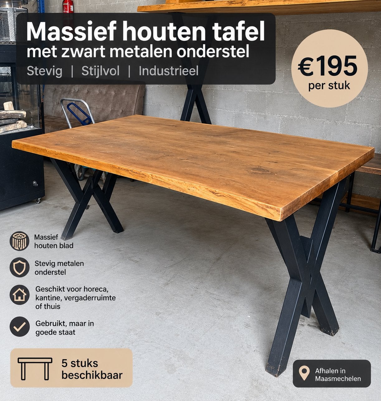 Massief houten tafel met zwart metalen onderstel – 5 stuks, Ophalen