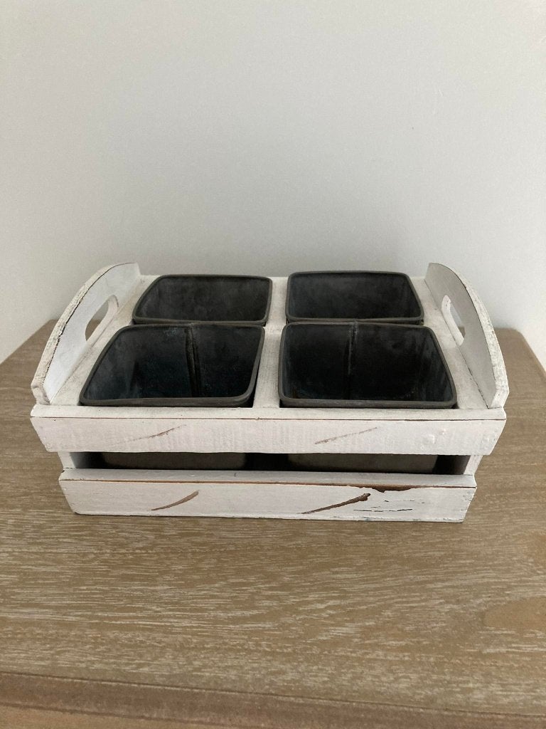 Dienblad / schaal met 4 metalen potjes, Schaal, Ophalen of Verzenden, Zo goed als nieuw, Rechthoekig
