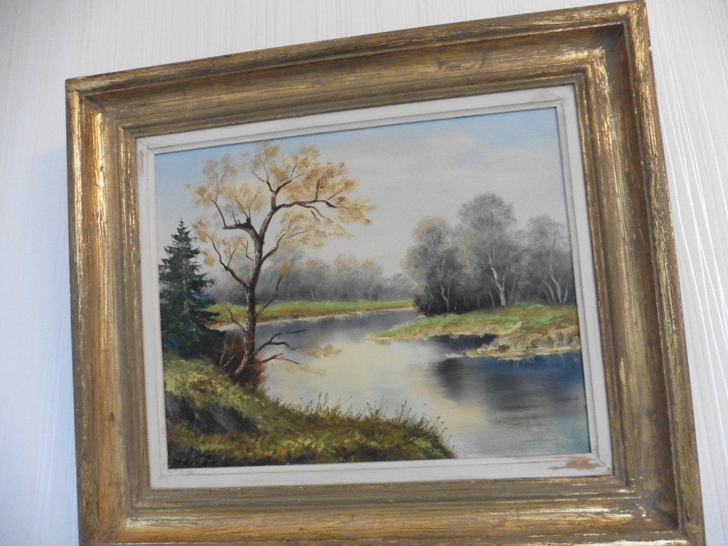 Peinture encadrée et signée, paysage, vintage, Enlèvement, Vintage, Paysage, Toile