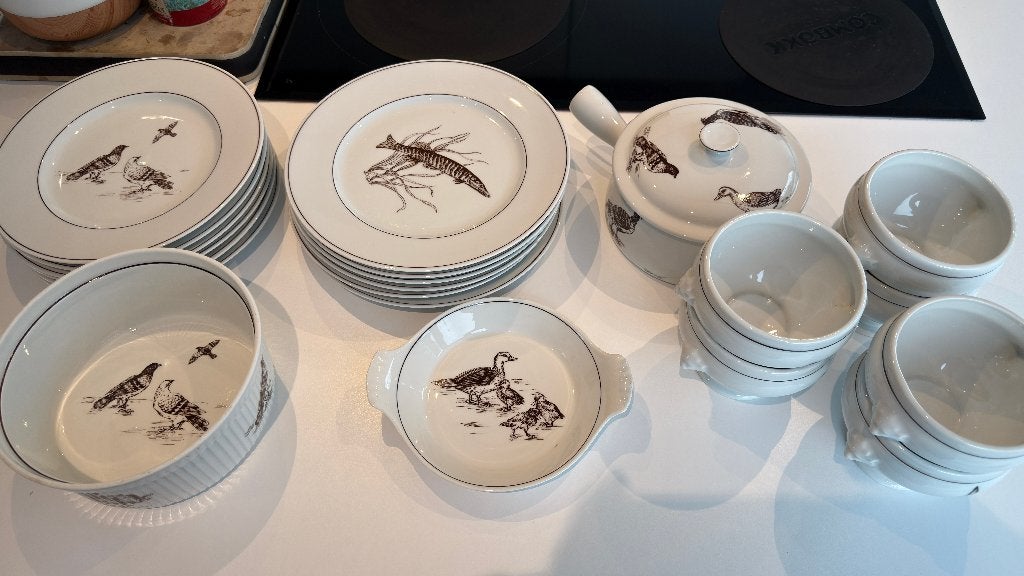 Prachtig 21-delig vintage porseleinen jacht- & visservies, Gebruikt, Overige merken, Vintage, Ophalen of Verzenden