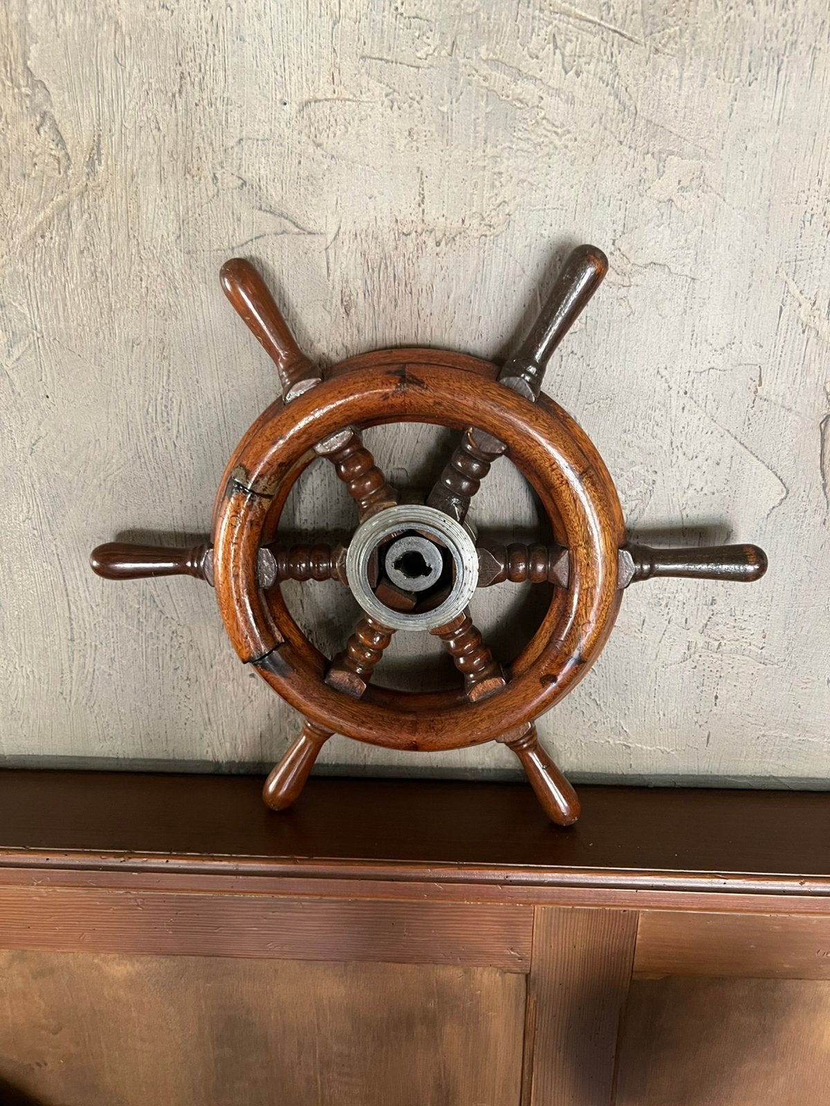 Antiek houten scheepsstuurwiel 6 spaken decoratie stuur boot, Watersport en Boten, Bootonderdelen, Ophalen, Zo goed als nieuw
