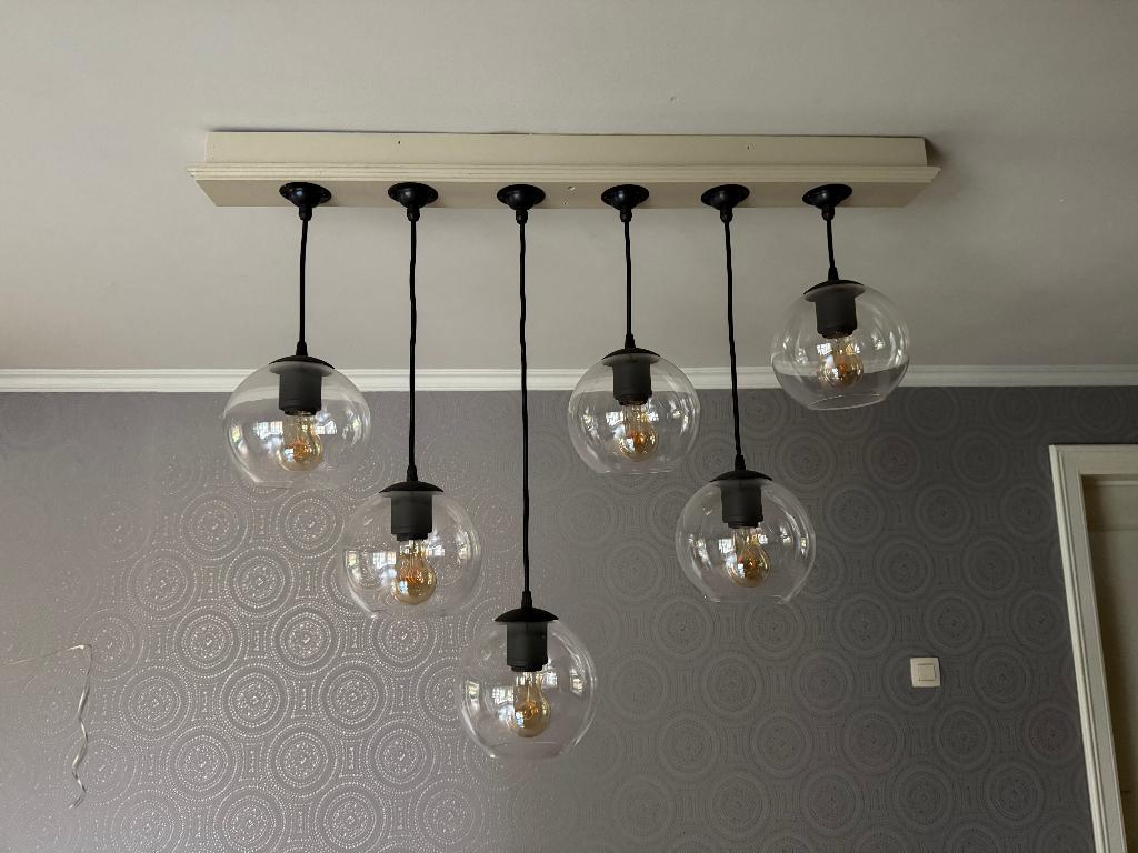 6 delige hanglamp / luster glazen bollen., Ophalen of Verzenden, Gebruikt, Glas