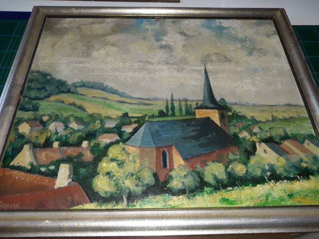 Peinture M.DOPERE . Clocher du village, Antiquités & Art, Signé, Peinture à l'huile, Enlèvement, Paysage urbain / rural