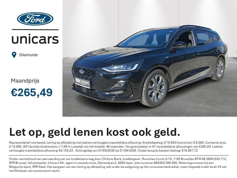 Ford Focus St-Line 1.0 mhev 125pk m6 Trekhaak, Auto's, 1349 kg, Stof, Gebruikt, Zwart