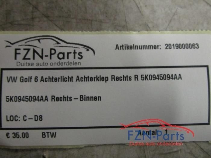 VW Golf 6 Achterlicht Achterklep Rechts R, Auto-onderdelen, Ophalen of Verzenden, Gebruikt