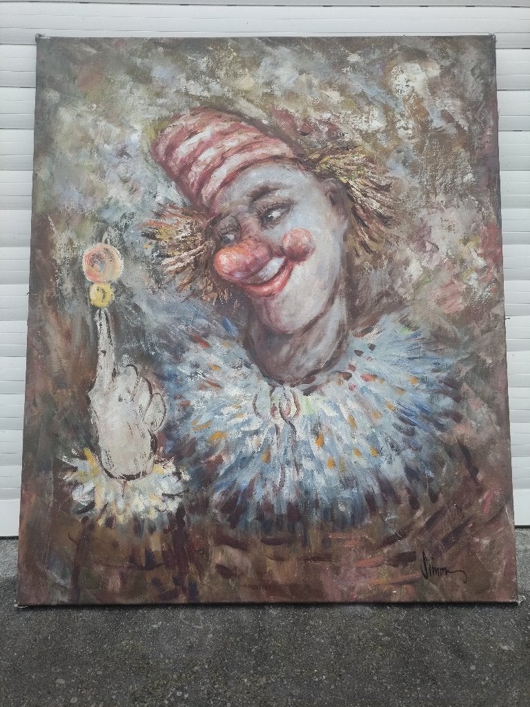 Huile sur toile clown signe Simon, Enlèvement ou Envoi