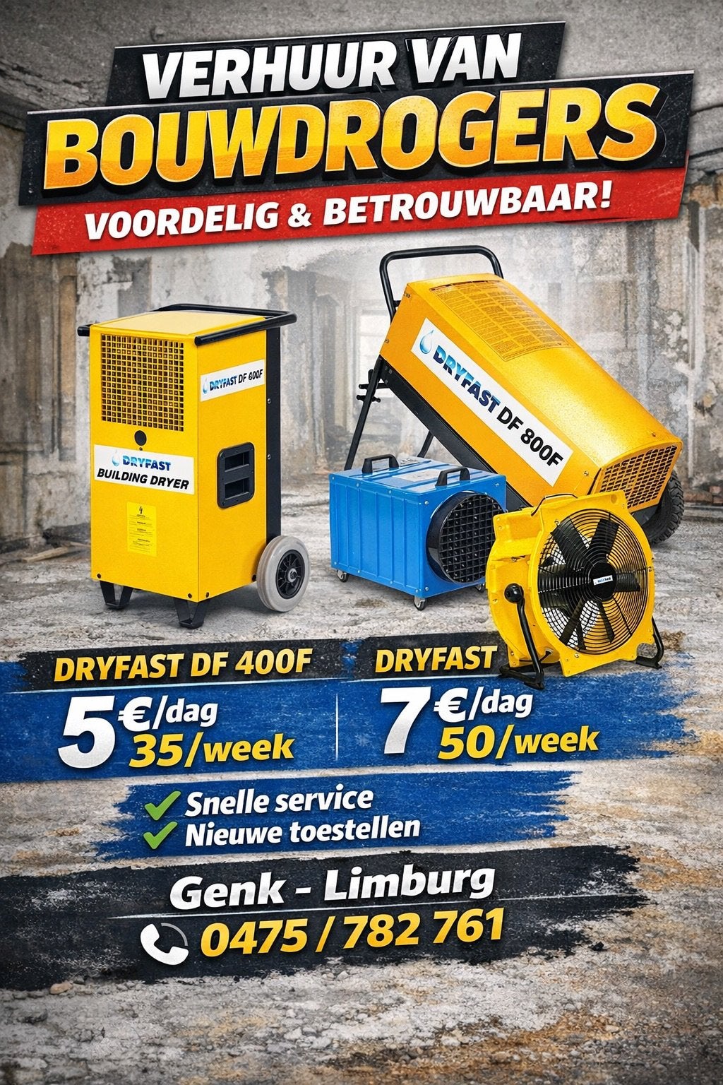 Bouwdroger huren Limburg Genk, snel en goedkoop, bel nu .️, Ophalen, Zo goed als nieuw