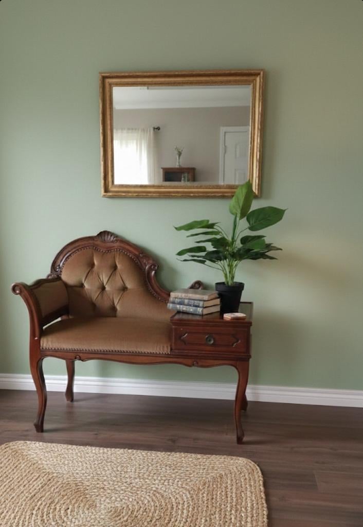 Vintage bank met houten en fluwelen bekleding, Antiek en Kunst, Verzenden