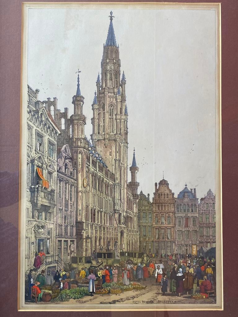 Samuel Prout Hotel de Ville Brussels Originele link, Antiek en Kunst, Kunst | Etsen en Gravures, Ophalen
