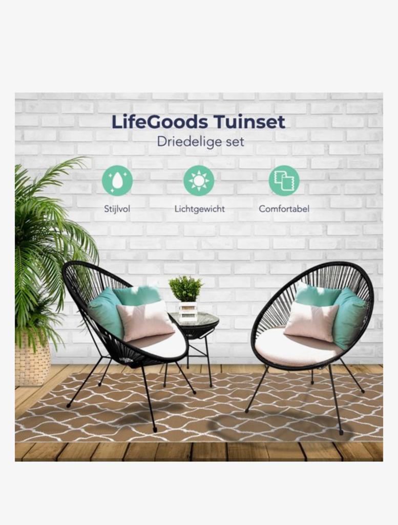 LifeGoods Acapulco Tuinset 3-delig Zwart, Ophalen, Stoel, Tuinset