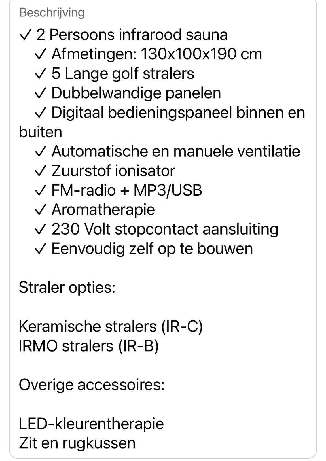 Zo goed als nieuw infrarood kabine 2 personen, Sport en Fitness, Ophalen, Infrarood