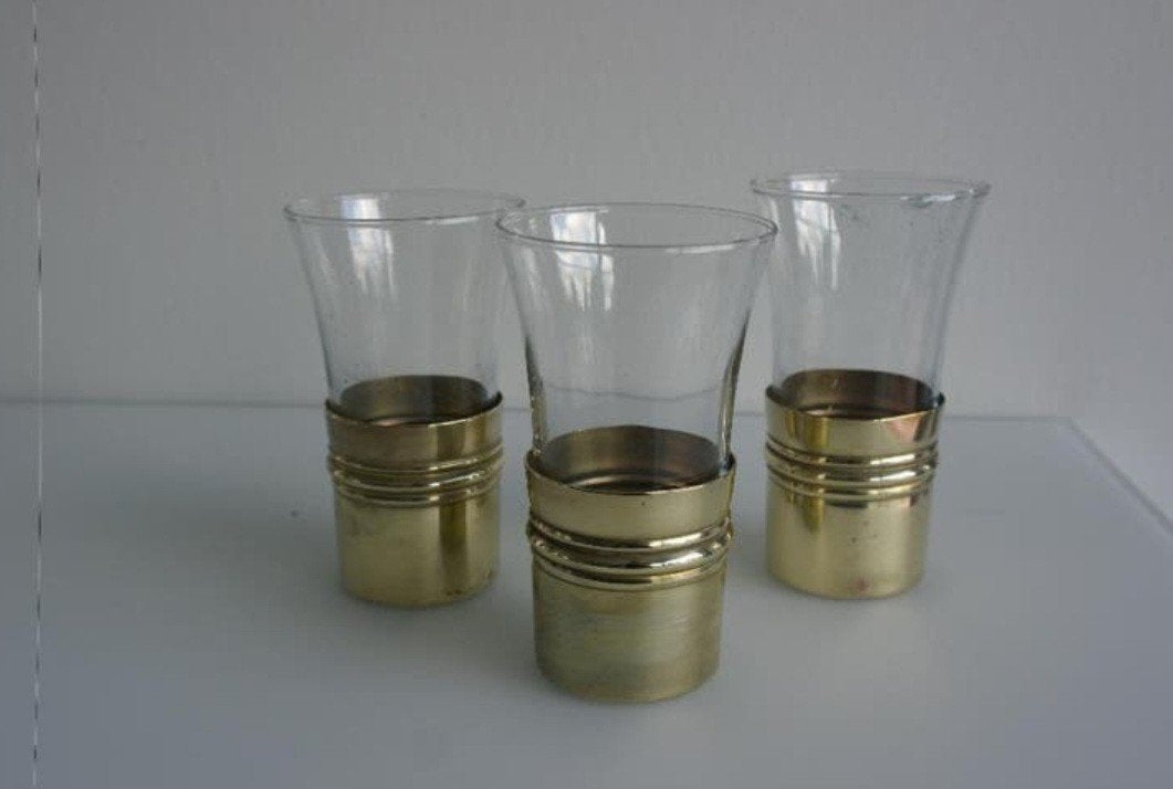 3 vintage glazen in koperen houder, Antiek en Kunst, Ophalen of Verzenden, Koper