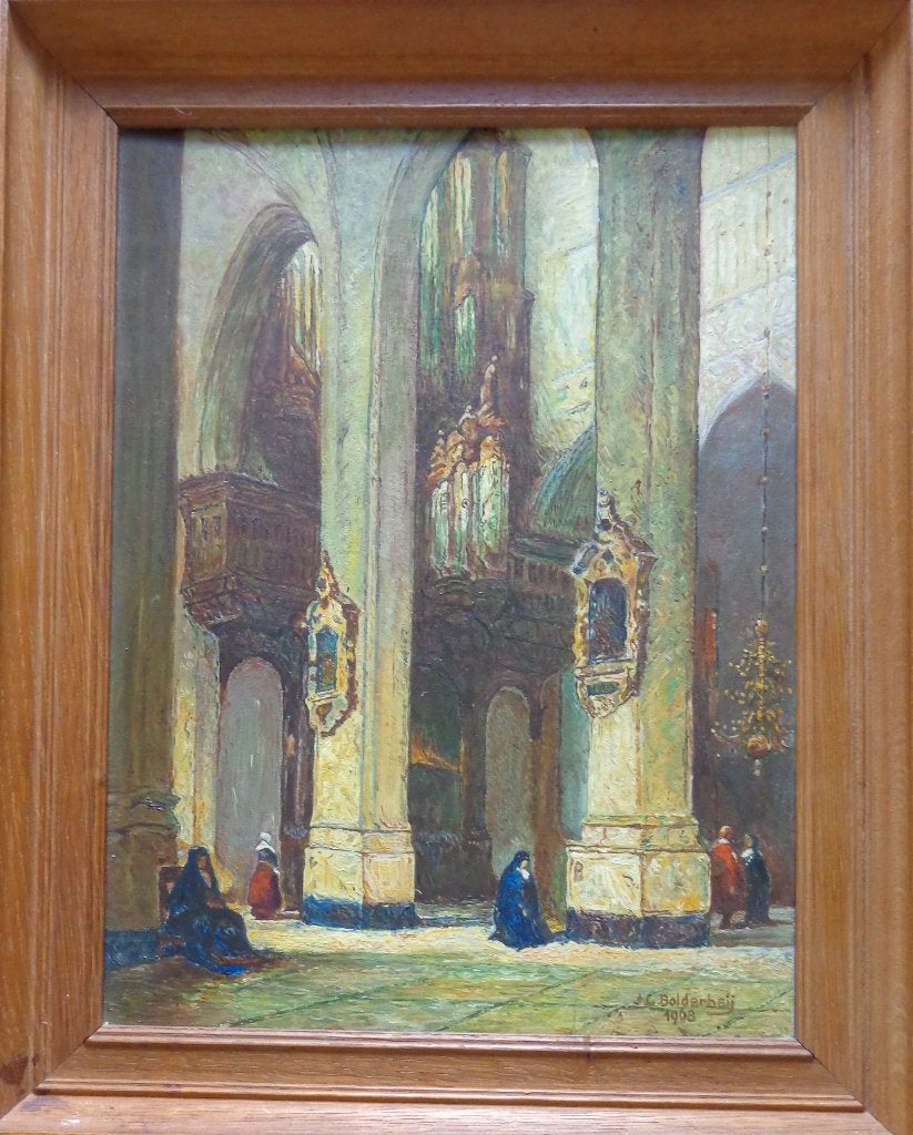 J. C. BOLDERHEIJ / KERKINTERIEUR / OLIEVERF / 45x36cm KADER, Doek, Expressionistisch, Ophalen of Verzenden, Gesigneerd